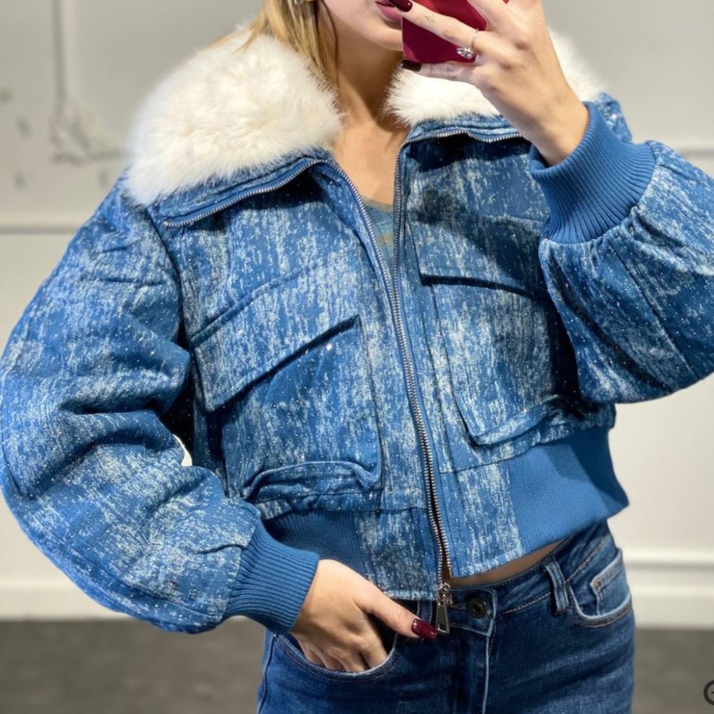 ShopEvelynne Blue and White Fur Collar Jacket